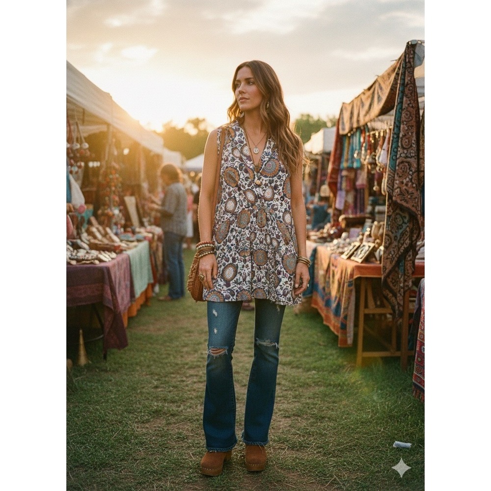 Boho Mandala Paisley Maxi Dress Blue‎ Orange Floral Wrap Faux Surplice M? L?